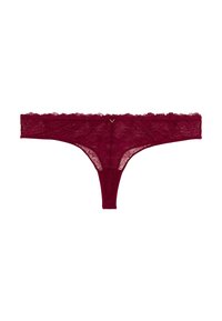 String en dentelle bourgogne avec un motif floral et un petit charme en forme de V doré centré sur la taille.