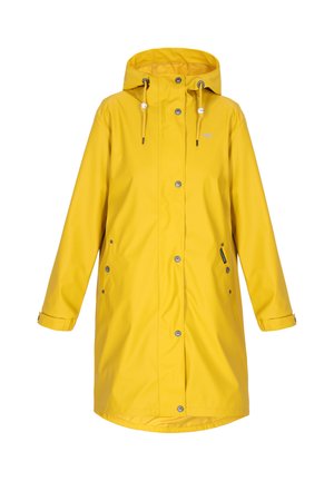 Keltainen vedenpitävä sadetakki hupulla, edessä nepparit, säädettävät hihansuut ja sivutaskut nepparikiinnityksellä.