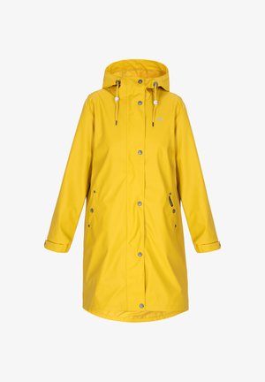 Keltainen vedenpitävä sadetakki hupulla, edessä nepparit, säädettävät hihansuut ja sivutaskut nepparikiinnityksellä.