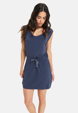 Robe sans manches bleu marine avec un décolleté en V, taille élastique et détail à cordon. Tissu doux avec une coupe décontractée, longueur genou.