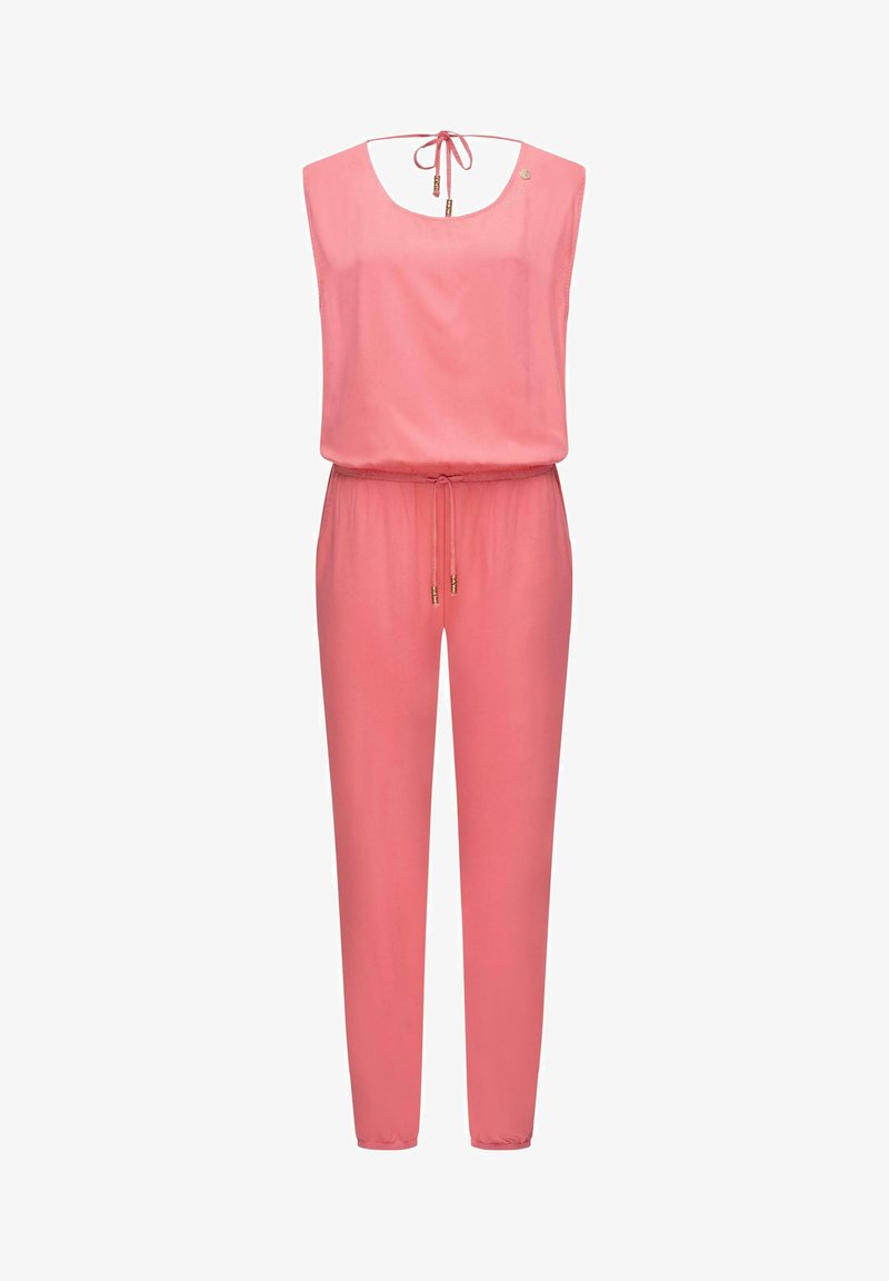 Pink jumpsuit with a loose fit, sleeveless design, scoop neckline, and adjustable drawstring waist; smooth texture, no patterns.