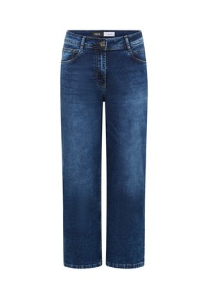 Jean denim bleu foncé à jambes droites avec bouton et fermeture éclair à l'avant, poches avant et arrière, et légère décoloration sur les cuisses.