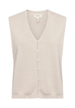 Mouwloze lichtbeige cardigan met V-hals, knoopsluiting, textuurnikkelstof en een rechte zoom. Geschikt voor laagjes.