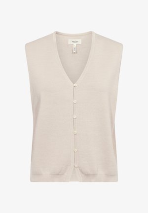 Bez rękawów jasnobeżowy kardigan z dekoltem w serek, z zapięciem na guziki, z teksturowanej dzianiny i prostym dołem. Idealny do noszenia na warstwy.