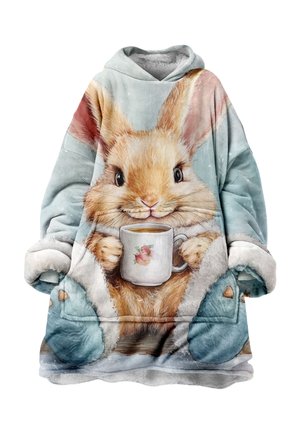 Kapuzendecke mit Hasenmotiv, aus weichem Fleece-Material, mit blauen Akzenten und einem Becher mit Blumendetail. Abgerundete Ärmel.