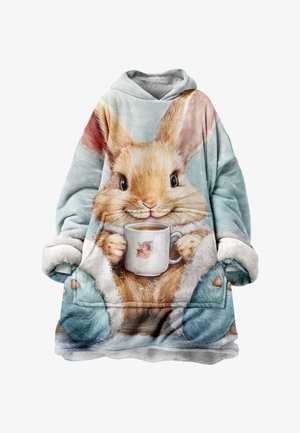 Kapmantel met een konijnontwerp, gemaakt van zacht fleece materiaal, met blauwe accenten en een mok met bloemendetail. Afgeronde mouwen.
