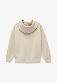Beige fleece sweatshirt med høj krave, elastiske manchetter og bred kant. Blød tekstur med en glat inderside og afslappet pasform.