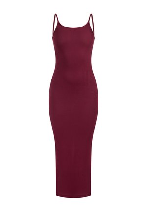 Burgunderfarbenes, tailliertes Midikleid mit Spaghettiträgern, strukturiertem Muster und gerader Silhouette. Weicher Stoff, minimale Details.