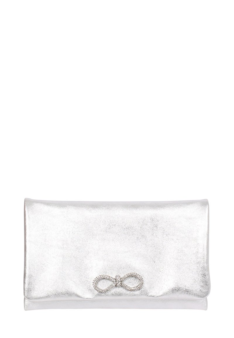 Silver metallic clutch with a smooth texture, featuring a decorative infinity symbol made of rhinestones on the front. Folded design.