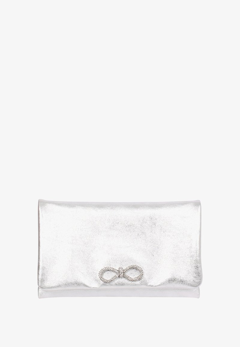 Silver metallic clutch with a smooth texture, featuring a decorative infinity symbol made of rhinestones on the front. Folded design.