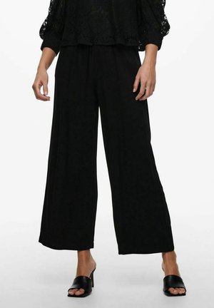Femme portant un pantalon noir à jambes larges, un haut en dentelle noire, et des mules à talons ouvertes noires, debout sur un fond blanc.