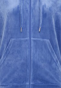 Sweat à capuche zippé bleu avec poche kangourou à l'avant et cordons avec embouts métalliques, montrant une texture de tissu douce.