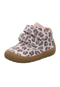 Kleinkinderschuh aus Leopardenmusterstoff, mit doppeltem Klettverschluss, pinker Zunge und strukturiertem braunem Gummisohle.