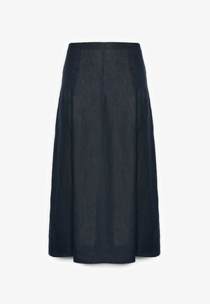 Falda midi azul marino oscuro con corte recto y ligeramente acampanado, fabricada con tejido texturizado, mostrada sobre un fondo blanco liso.