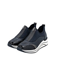 Marine slip-on schoenen met een combinatie van suède en laktextuur, een ritssluiting en een witte gestreepte tussenzool. Rond toel ontwerp.