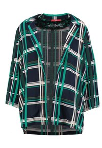 Námořnický modrý a zelený kostkovaný kimono stylu s širokými rukávy, otevřeným předním designem a lehkým materiálem, který obsahuje bílé a žluté akcenty.