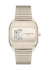 Orologio in metallo argentato con cassa ottagonale e cinturino testurizzato. Presenta un quadrante bianco con marcature nere e il marchio LIEBESKIND.