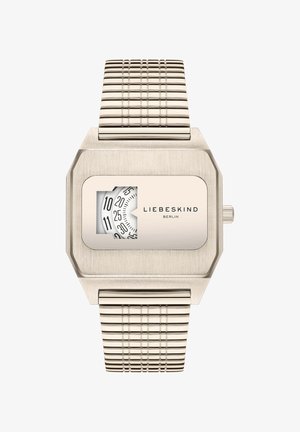 Orologio in metallo argentato con cassa ottagonale e cinturino testurizzato. Presenta un quadrante bianco con marcature nere e il marchio LIEBESKIND.
