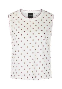 Ärmelloses weißes Top mit runder Halslinie, das ein Punktemuster in Pink, Gold und Schwarz aufweist. Mit wellenförmigem Saum versehen.