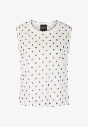 Ärmelloses weißes Top mit runder Halslinie, das ein Punktemuster in Pink, Gold und Schwarz aufweist. Mit wellenförmigem Saum versehen.