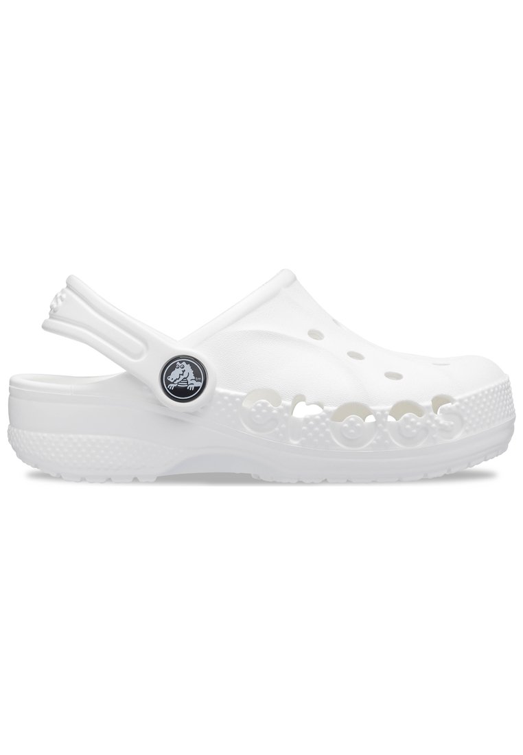 White foam clogs featuring ventilation holes, a backstrap, and textured sole. The word "crocs" is embossed on the side.