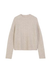 Jasno beżowy sweter dzianinowy z wzorem w warkocz, szerokimi rękawami i okrągłym dekoltem. Miękka tekstura, skrócony krój. Brak widocznych zapięć.