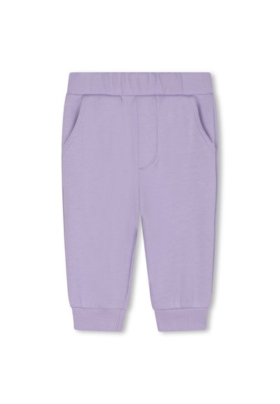 Pantalons de jogging lilas en tissu doux avec une taille côtelée, des poches latérales et des poignets fuselés. Idéal pour un style décontracté.