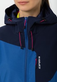 Femme portant une veste à capuche bleu marine et bleue avec des cordons roses et une fermeture éclair à l'avant, visage partiellement visible et bouche fermée.