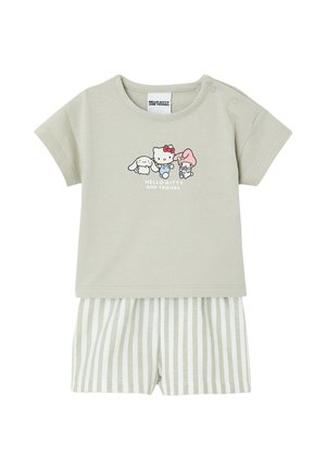 Beige toddler outfit with short-sleeve top featuring Hello Kitty and friends graphic and matching striped shorts.