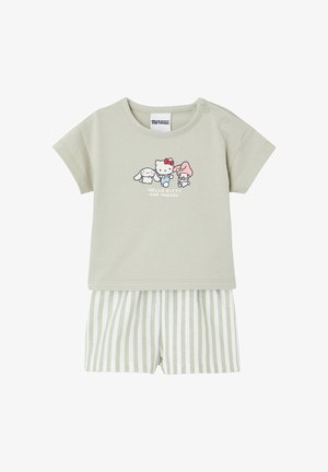 Beige toddler outfit with short-sleeve top featuring Hello Kitty and friends graphic and matching striped shorts.