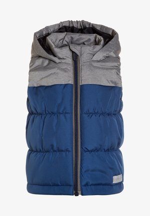 Ærmeløs oppustelig vest med grå top og marineblå underdel, lynlåslukning foran og diskret mærke på kanten.