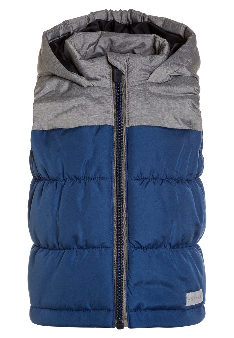 Kamizelka typu puffer bez rękawów, z szarym górnym elementem i granatowym dolnym, z zapięciem na zamek z przodu oraz subtelną metką marki na dolnym krawędzie.