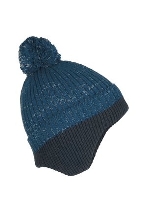 Blau und dunkelgraue gestrickte Wintermütze mit Ohrklappen und einem Bommel oben, strukturierter Rippmustern.