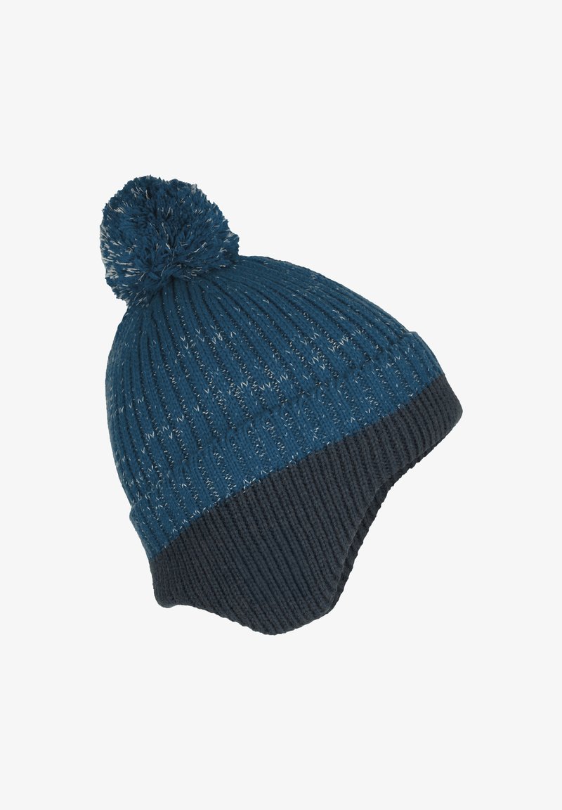 Niebieska i ciemnoszara wełniana czapka zimowa z uszami i pomponem na szczycie, o teksturowanym prążkowanym wzorze.