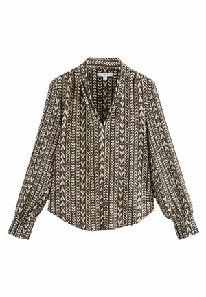 Brązowa bluzka z białymi pionowymi wzorami serc i strzałek, długimi bufkowatymi rękawami i kołnierzem w szpic.