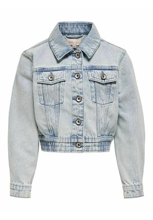 Lyseblå cropped denimjakke med knaplukning foran, to brystlommer med klap, lange ærmer og elastisk taljebånd.