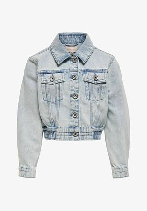 Lyseblå cropped denimjakke med knaplukning foran, to brystlommer med klap, lange ærmer og elastisk taljebånd.