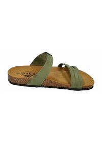 Green leather slide sandal with two crisscross straps, cork footbed, and rubber sole. Smooth texture with a matte finish.