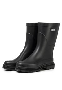 Bottes en caoutchouc noires, jusqu'aux genoux, avec un extérieur texturé, un bout rond et une semelle durable à motifs. Marquées d'un logo "AIGLE" sur le côté.