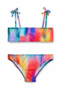 Farverig todelt svømmedragt lavet af glat stof, med et flerfarvet tie-dye mønster og justerbare stropper på bandeau-toppen.