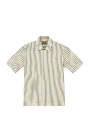 Kortærmet skjorte med knapper, med beige og sorte lodrette striber, krave og en enkelt brystlomme.