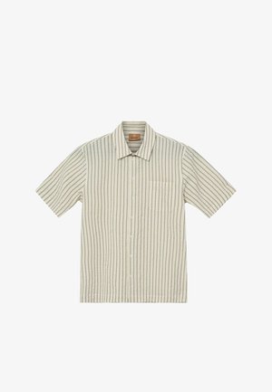 Kurzärmliges Hemd zum Knöpfen mit beigen und schwarzen vertikalen Streifen, einem Kragen und einer einzelnen Brusttasche.