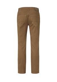 Brown cotton trousers with straight legs, featuring two back pockets and contrasting stitching. Standard waistband with a leather label at the back.