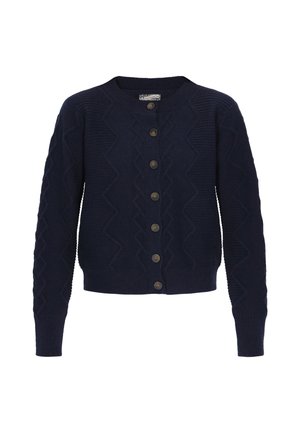 Cardigan a maglia blu navy con scollo rotondo, caratterizzato da motivi a zigzag, maniche lunghe e cinque bottoni marroni sul davanti.