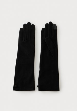 Par de guantes largos negros, uno mostrando el lado de la palma con una punta compatible con pantalla táctil en el dedo índice, colocado plano sobre un fondo blanco.