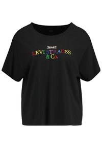 Černé bavlněné tričko s krátkými rukávy a širokým výstřihem. Na přední straně je vyšívaný nápis "LEVI STRAUSS & Co." v mnoha barvách.