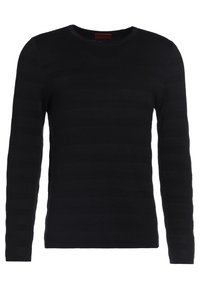 Pull noir à manches longues avec un col rond et un motif rayé texturé. Confectionné en maille douce et légère.