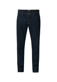 Mörkblå jeans i denim med rak passform, kontrasterande orange sömmar, fem fickor och dragkedja med knappstängning.