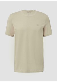 Beżowy t-shirt z krótkim rękawem i okrągłym dekoltem, z delikatnie haftowanym logo na lewej piersi, prosty design i miękka tekstura materiału.