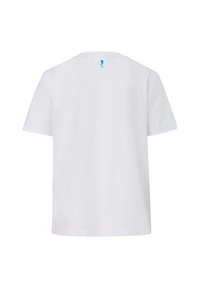 White cotton t-shirt with short sleeves, round neckline, and a small blue logo at the back. Smooth texture, straight-cut design.